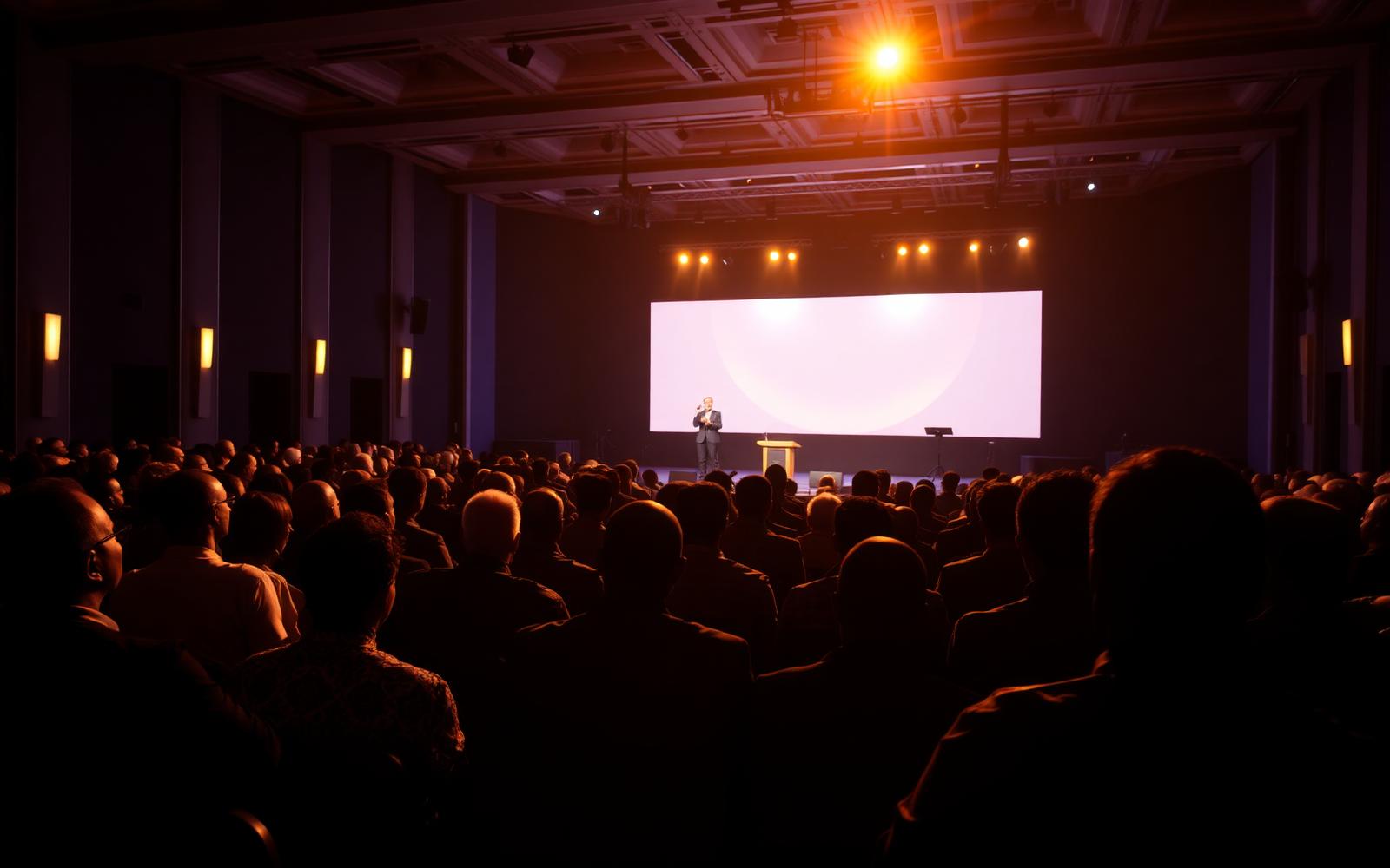 An African corporate audience watching a keynote on a lit stage