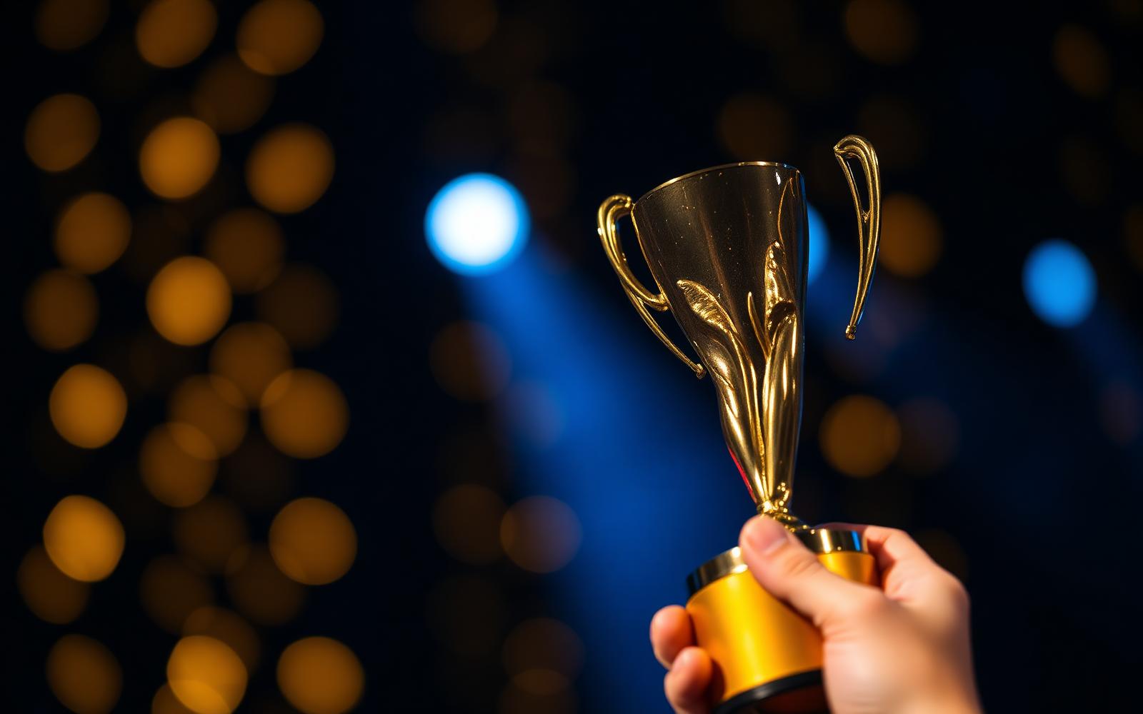 A gold award trophy on a dark stage